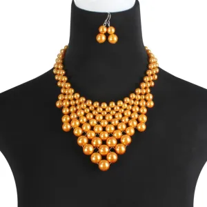 Women Exaggerated Multilayer Pearl Beaded Triangle Pendant Necklace Set Geometric Style