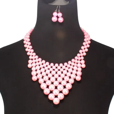 Women Exaggerated Multilayer Pearl Beaded Triangle Pendant Necklace Set Geometric Style