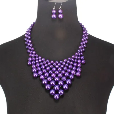 Women Exaggerated Multilayer Pearl Beaded Triangle Pendant Necklace Set Geometric Style