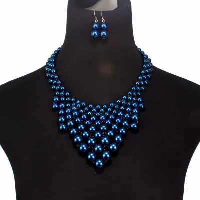 Women Exaggerated Multilayer Pearl Beaded Triangle Pendant Necklace Set Geometric Style