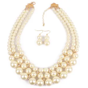 Vintage Pattern Women Multilayer Pearl Beaded Collar Necklace Earrings Set