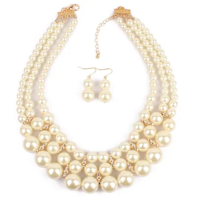Vintage Pattern Women Multilayer Pearl Beaded Collar Necklace Earrings Set