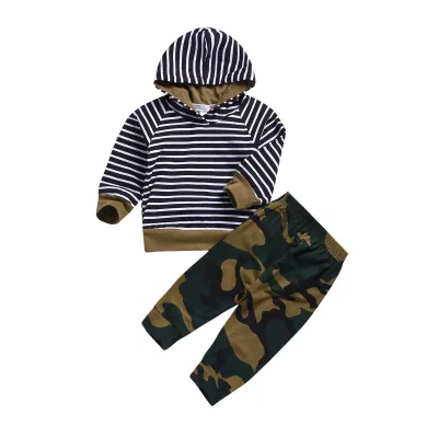 2 Pcs Set Baby Boys Stripes Print Long Sleeves Hoodie And Camouflage Print Pants Cotton Unisex Lightweight