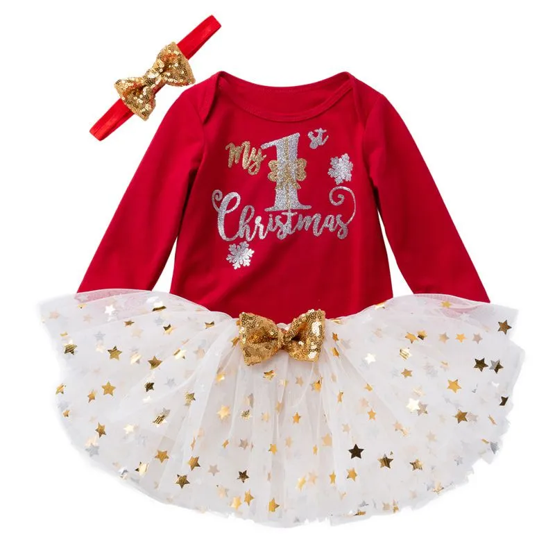3 Pcs Christmas Baby Infant Girl Cotton Long Sleeves Bodysuit And Tutu Skirt With Bowknot Headband