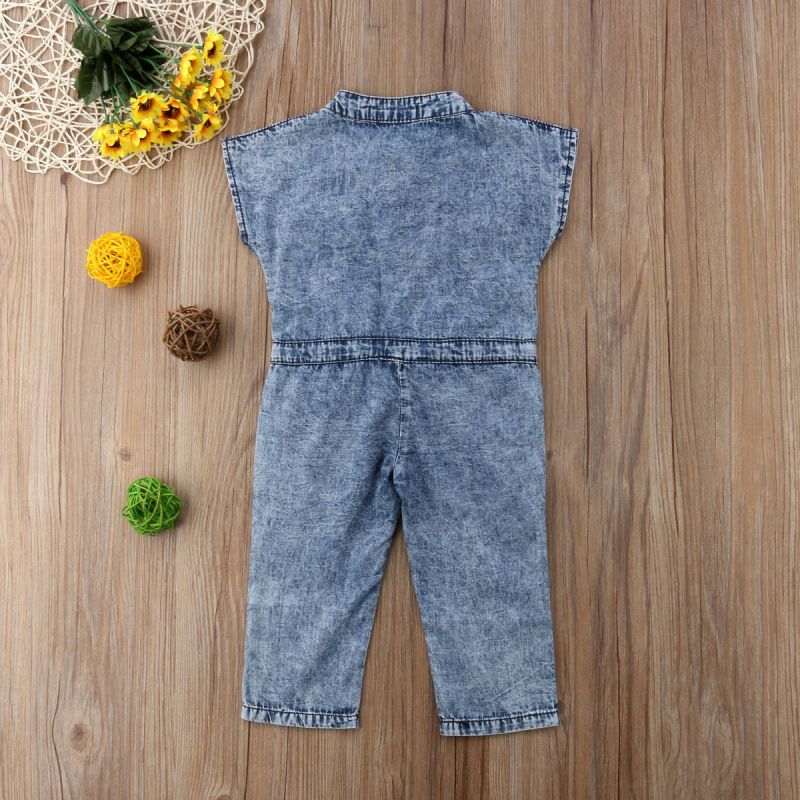 Wholesale Baby Girl Stand Collar Lace-up Design Denim Jumpsuit