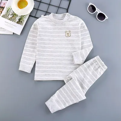 2 Pcs Cartoon Bear Embroidered Button Design Kids Pajamas Set