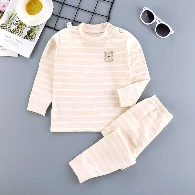 2 Pcs Cartoon Bear Embroidered Button Design Kids Pajamas Set