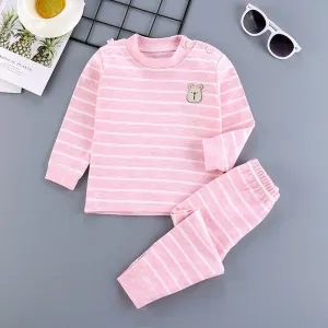 2 Pcs Cartoon Bear Embroidered Button Design Kids Pajamas Set