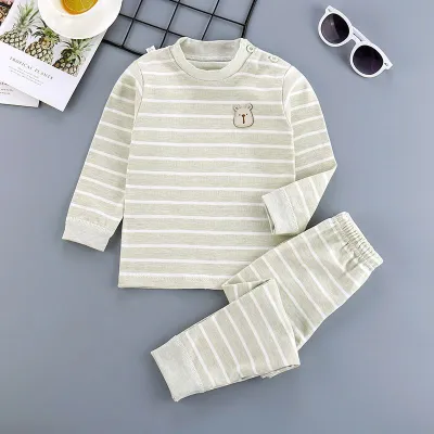 2 Pcs Cartoon Bear Embroidered Button Design Kids Pajamas Set