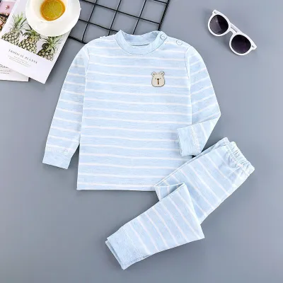 2 Pcs Cartoon Bear Embroidered Button Design Kids Pajamas Set