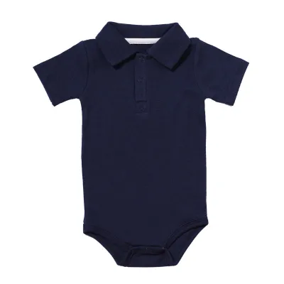 Baby Boy Girl Turn-down Collar Solid Color Cotton Bodysuit Short Sleeve for Unisex 0-3T