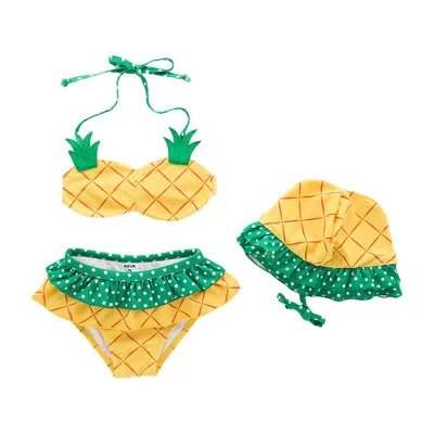 3 Pcs Girl Pineapple Pattern Halterneck Swimsuit And Bathing Cap
