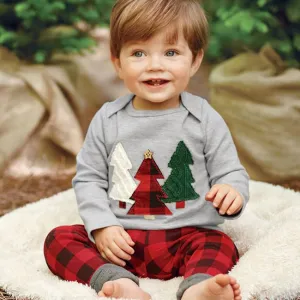 Boys Christmas Trees Print Long Sleeves Top and Pants 2 Piece Set