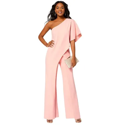 Asymmetric One-shoulder Design Solid Color Wide-leg Party Jumpsuits