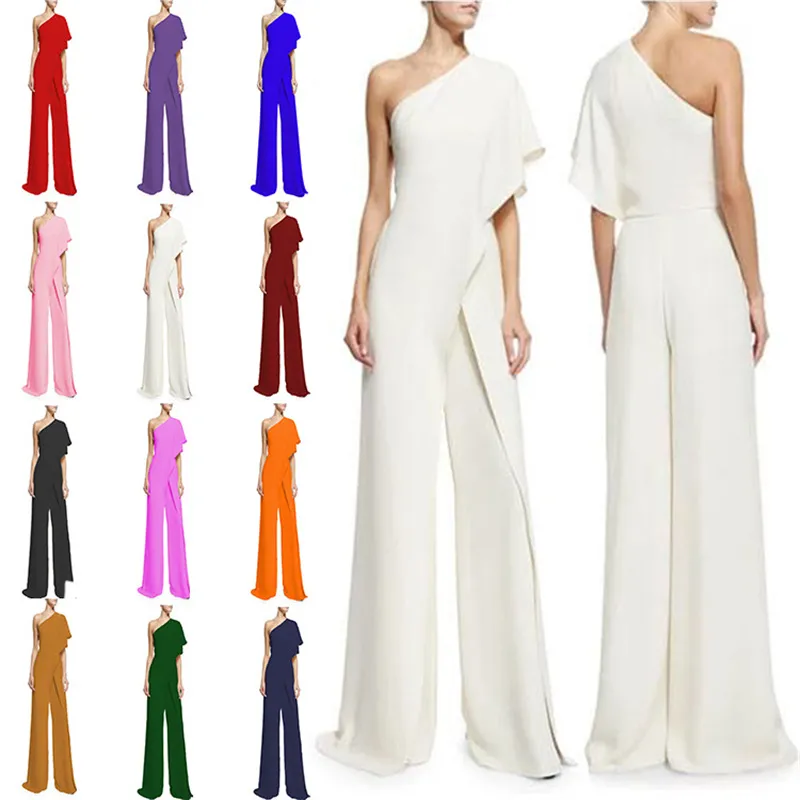 Asymmetric One-shoulder Design Solid Color Wide-leg Party Jumpsuits