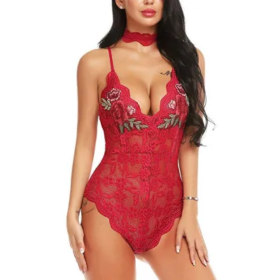 S-XXL Women Sexy Lace See-through Bodysuit with Rose Embroidery