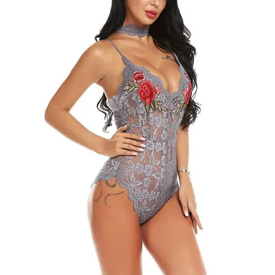 S-XXL Women Sexy Lace See-through Bodysuit with Rose Embroidery