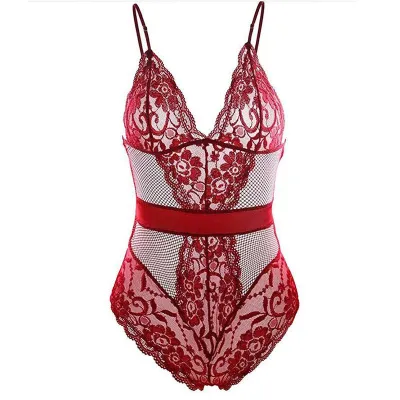 S-XXL Spaghetti Strap Sexy Lace Slim Fit Mesh Lingerie Bodysuit