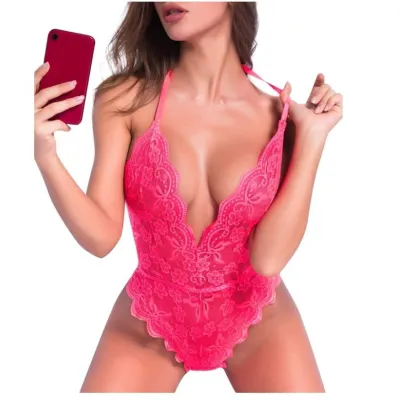 Sexy Hollow Lace V Neck Bodysuit for Women