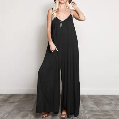 Solid Color Oversize V Neck Spaghetti Strap Wide-leg Jumpsuits