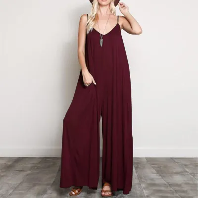 Solid Color Oversize V Neck Spaghetti Strap Wide-leg Jumpsuits