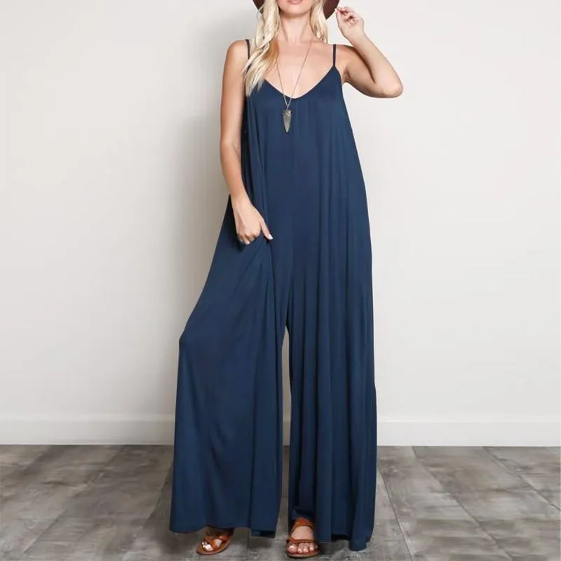 Solid Color Oversize V Neck Spaghetti Strap Wide-leg Jumpsuits
