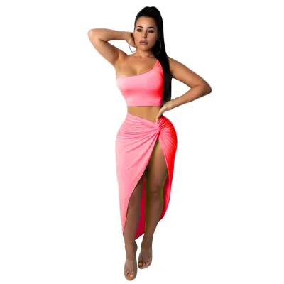 Asymmetric One-shoulder Cropped Top Sexy Side-slit Skirt Women Solid Color Two-piece Set
