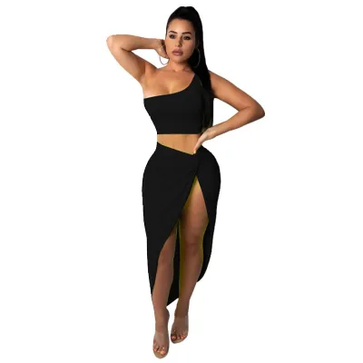 Asymmetric One-shoulder Cropped Top Sexy Side-slit Skirt Women Solid Color Two-piece Set