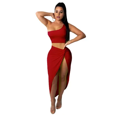Asymmetric One-shoulder Cropped Top Sexy Side-slit Skirt Women Solid Color Two-piece Set