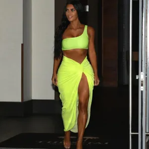 Asymmetric One-shoulder Cropped Top Sexy Side-slit Skirt Women Solid Color Two-piece Set