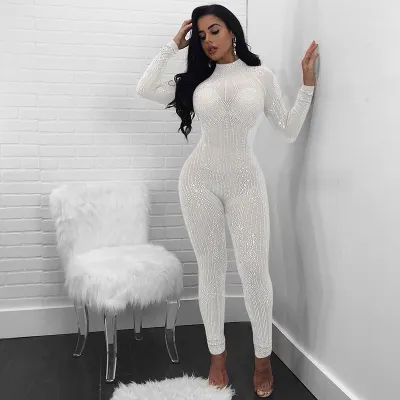 Sexy See-through Rhinestone Mesh Fabric Long-sleeve Jumpsuits