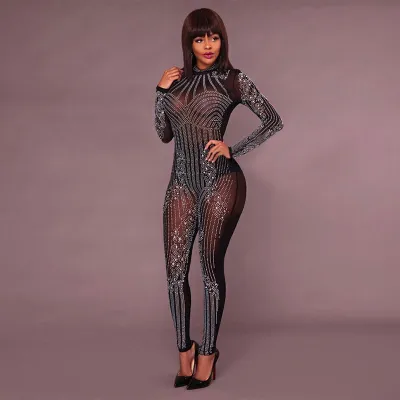 Sexy See-through Rhinestone Mesh Fabric Long-sleeve Jumpsuits