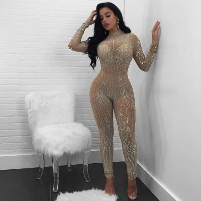 Sexy See-through Rhinestone Mesh Fabric Long-sleeve Jumpsuits