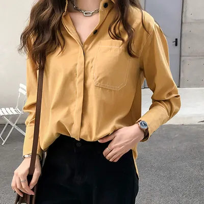 Women Loose Fit Vintage Cotton Blend Long Sleeve Blouse with Pocket Design