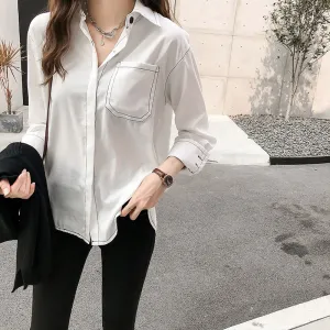Women Loose Fit Vintage Cotton Blend Long Sleeve Blouse with Pocket Design