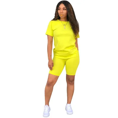 S-2XL Casual Neon Color T-shirt Loose Shorts Two Piece Set