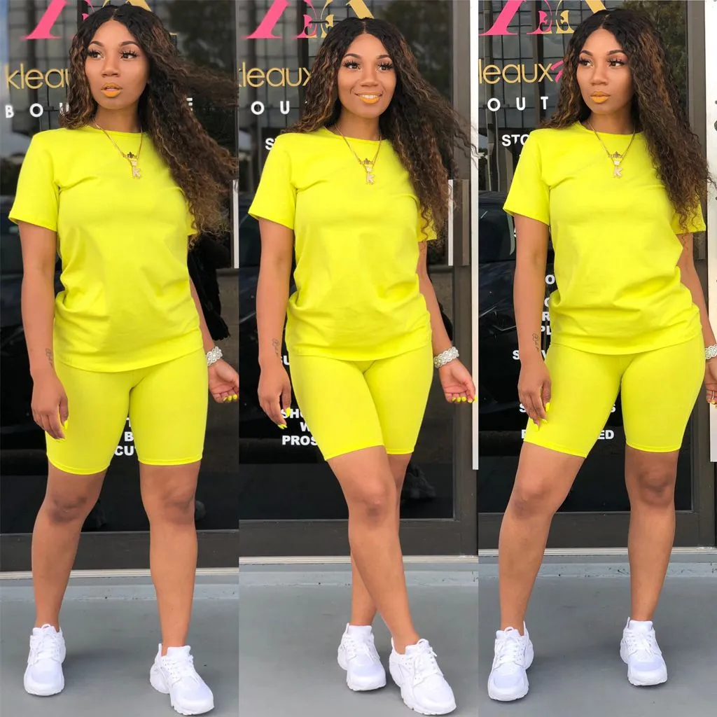 S-2XL Casual Neon Color T-shirt Loose Shorts Two Piece Set