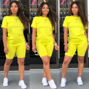 S-2XL Casual Neon Color T-shirt Loose Shorts Two Piece Set