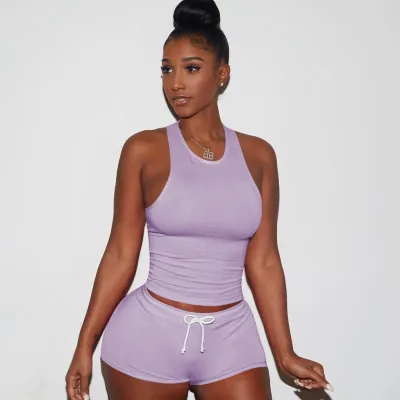 S-2XL Sexy Lace-up Tank Top and Shorts Sportswear Set