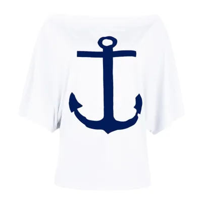 S-5XL Off-Shoulder Loose T-Shirt Women Anchor Print Street Hipster