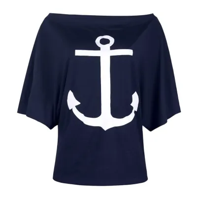 S-5XL Off-Shoulder Loose T-Shirt Women Anchor Print Street Hipster