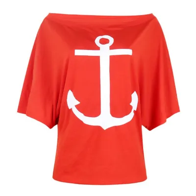 S-5XL Off-Shoulder Loose T-Shirt Women Anchor Print Street Hipster