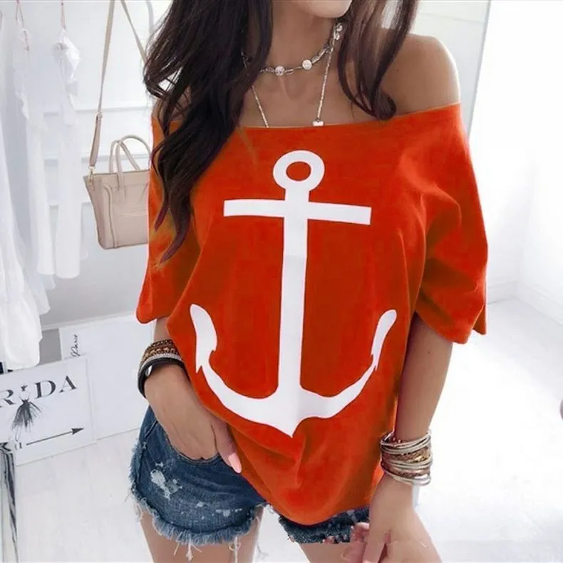 S-5XL Off-Shoulder Loose T-Shirt Women Anchor Print Street Hipster