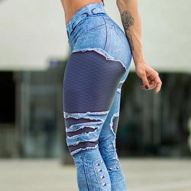 S-XL Sexy Denim Print Hip-lifting Sports Leggings Pants