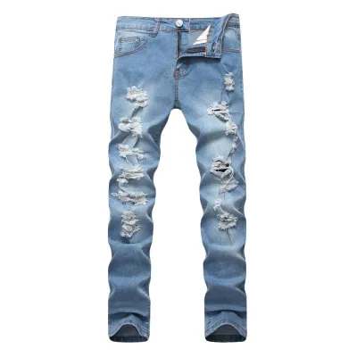 Men Cotton Slim Fit Ripped Jeans High Waist Casual Denim