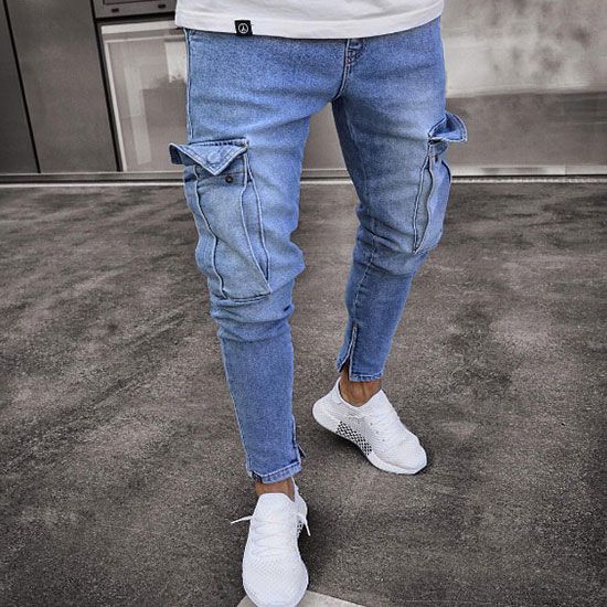 Wholesale Men Solid Color Side Pocket Design Denim Jeans