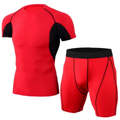 2 Pcs Men Fitness Running Sportswear Set Super Elastic Polyester Spandex