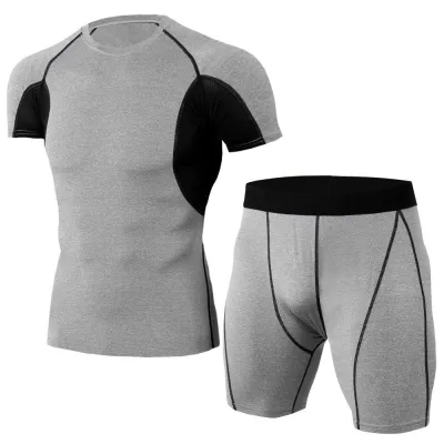 2 Pcs Men Fitness Running Sportswear Set Super Elastic Polyester Spandex