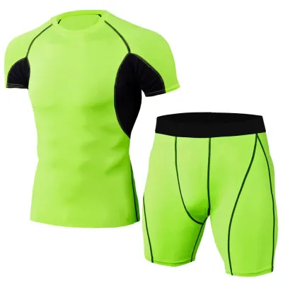 2 Pcs Men Fitness Running Sportswear Set Super Elastic Polyester Spandex