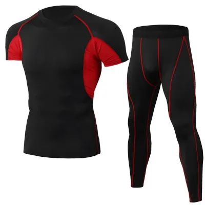 2 Pcs Men's Sports Fitness Set Short Sleeves Pullover and Pants Slim Fit